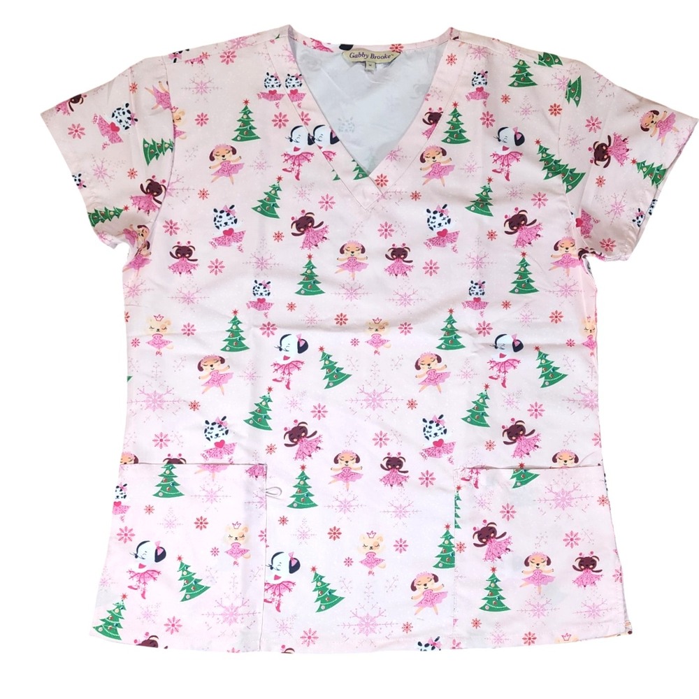 Gabby Brooke Christmas Trees Ballerina Puppies Scrub Top Women's Size S